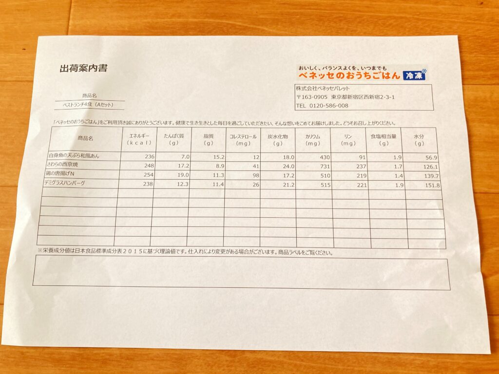 ベネッセのおうちごはん　出荷案内書